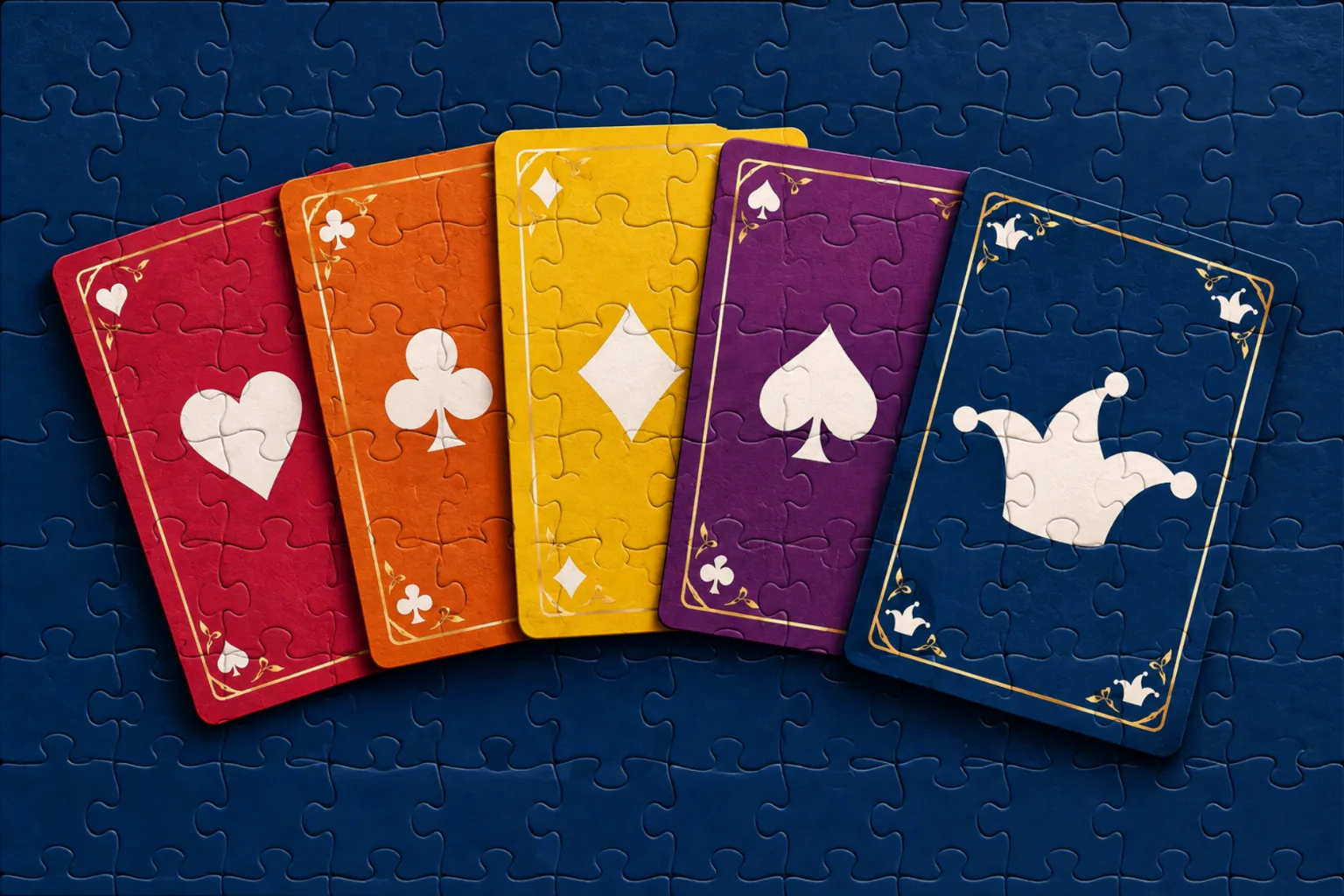 Five playing cards, hearts, clubs, diamonds, spades and the joker, laid over a navy jigsaw
