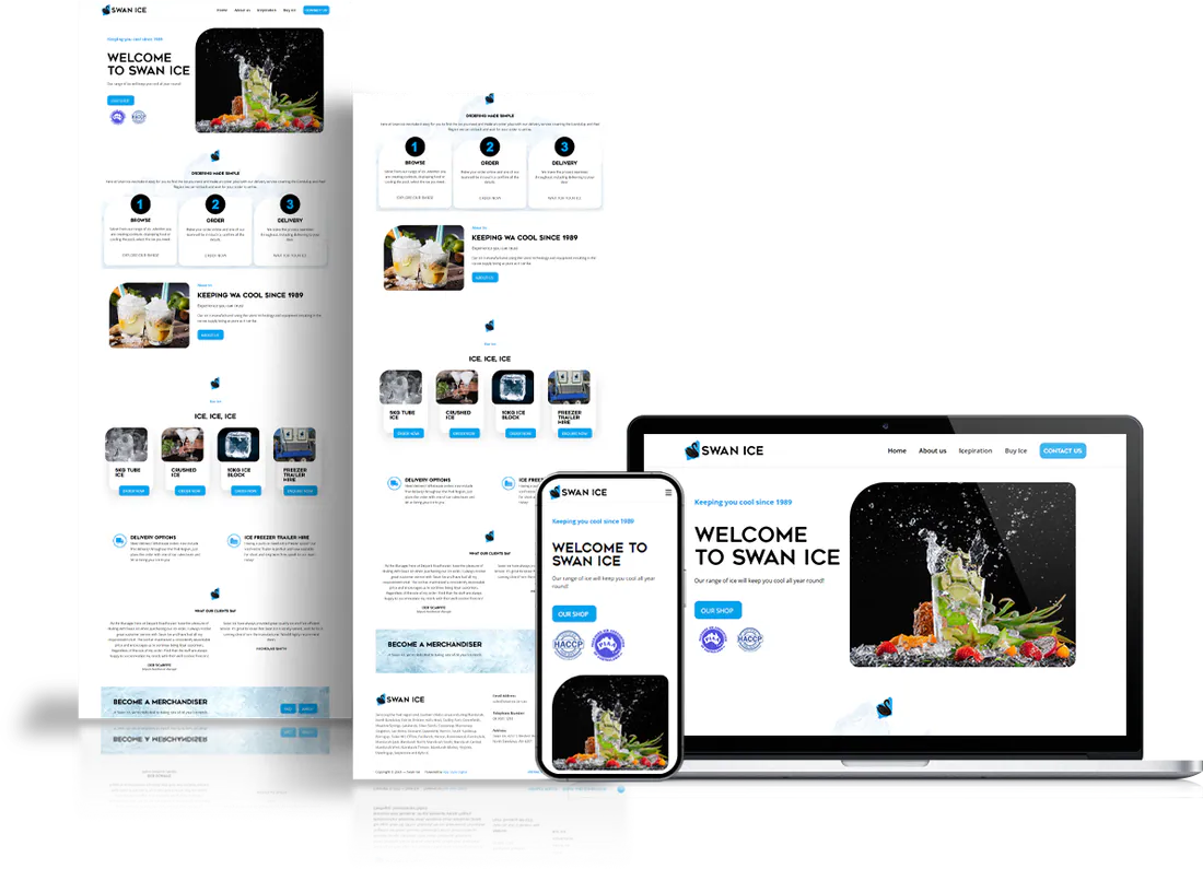 Swan Ice website shown on desktop, tablet and phone